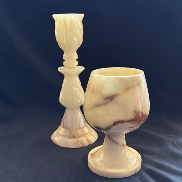 Vintage Elegant Cream and Brown Onyx Candle Holder and Goblet - Picture 1 of 3